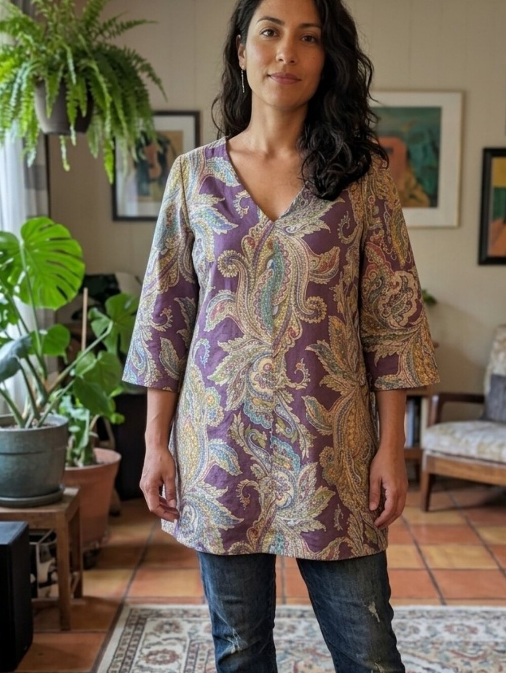 Bryn Walker Lilia Paisley Linen Tunic Top In Purple.